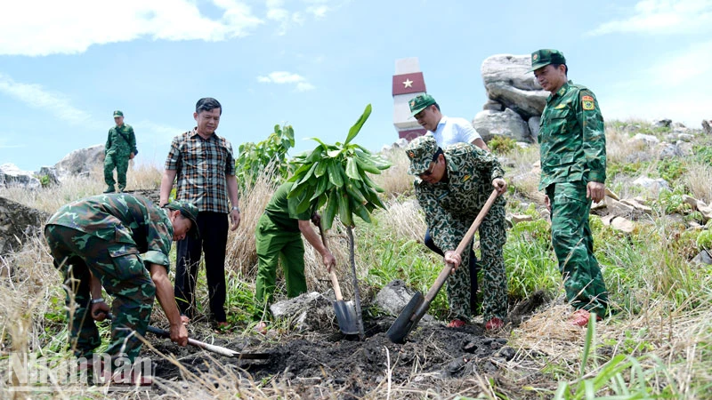 Bí thư Tỉnh ủy Kiên Giang Nguyễn Tiến Hải (thứ 2, từ phải qua) trồng cây lưu niệm tại điểm cơ sở A1 trên Hòn Nhạn, thuộc xã đảo Thổ Châu. (Ảnh: PHƯƠNG VŨ)
