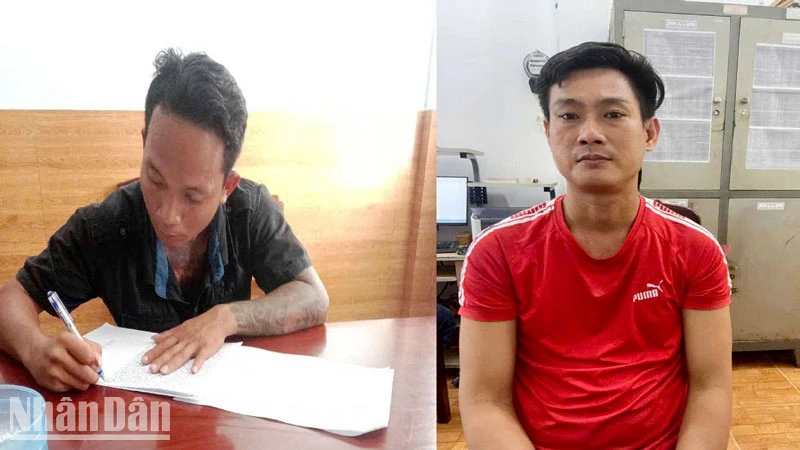 Đối tượng Nguyễn Hoàng Nam và Phạm Ngọc Định đến cơ quan Công an xin đầu thú.