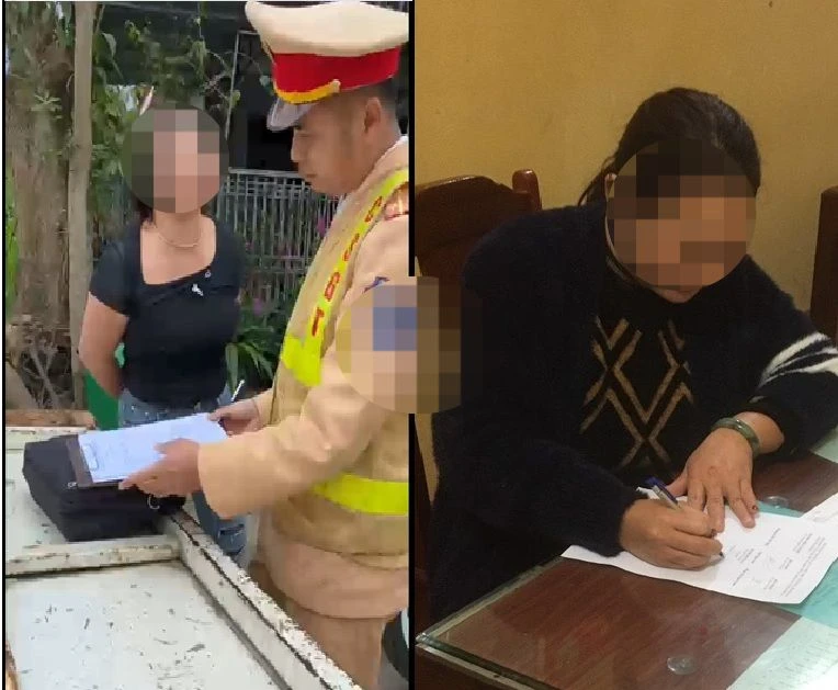 Nguyễn Thị Ngân trước lực lượng thi hành công vụ và tại cơ quan Công an.