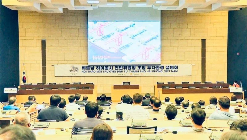 Quang cảnh Hội nghị Xúc tiến đầu tư của thành phố Hải Phòng tại trụ sở Phòng Thương mại và Công nghiệp Hàn Quốc ở Thủ đô Seoul (Hàn Quốc). (Ảnh: Cổng TTĐT thành phố Hải Phòng) 