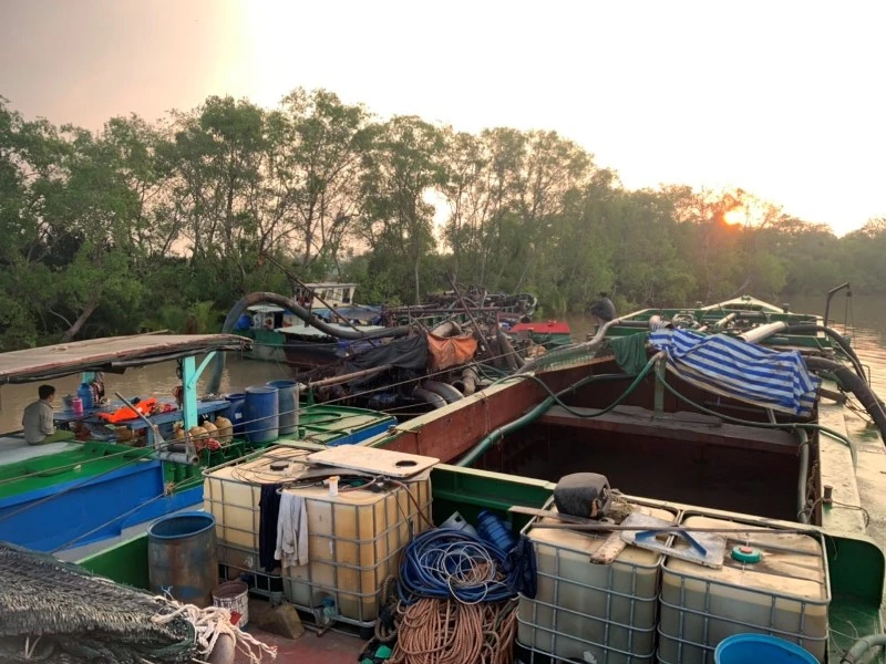 Các phương tiện khai thác cát trái phép trên địa bàn huyện Tân Phú Đông (Tiền Giang) bị lực lượng chức năng bắt giữ.