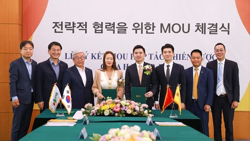 Bà Kim Ju Won, Phó Chủ tịch DB Group và ông Đỗ Vinh Quang, Phó Chủ tịch T&T Group trao đổi thỏa thuận hợp tác chiến lược với sự chứng kiến của lãnh đạo 2 tập đoàn. 