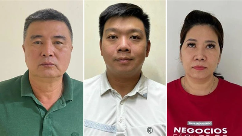 Các bị can (từ trái qua phải): Nguyễn Lộc An; Trần Trác Việt Đức; Đỗ Thị Tuyết Nga.