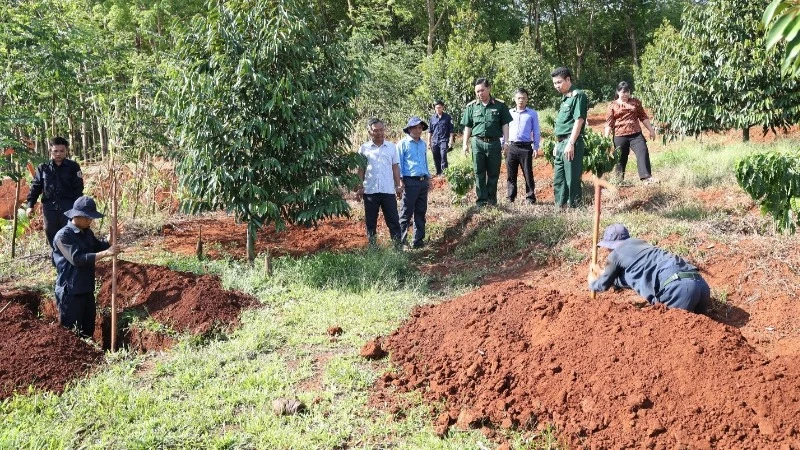 Các chiến sĩ Đội K72 mở rộng khu vực tìm kiếm hài cốt liệt sĩ tại xã Phước Minh, huyện Bù Gia Mập.