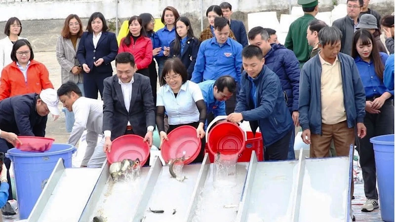 Các đại biểu dự Lễ phát động thả con giống thủy sản các loại xuống sông Hồng đoạn qua địa bàn xã Mỹ Tân, thành phố Nam Định, tỉnh Nam Định.
