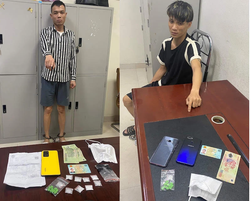 Hai đối tượng Tuấn và Hùng cùng tang vật.