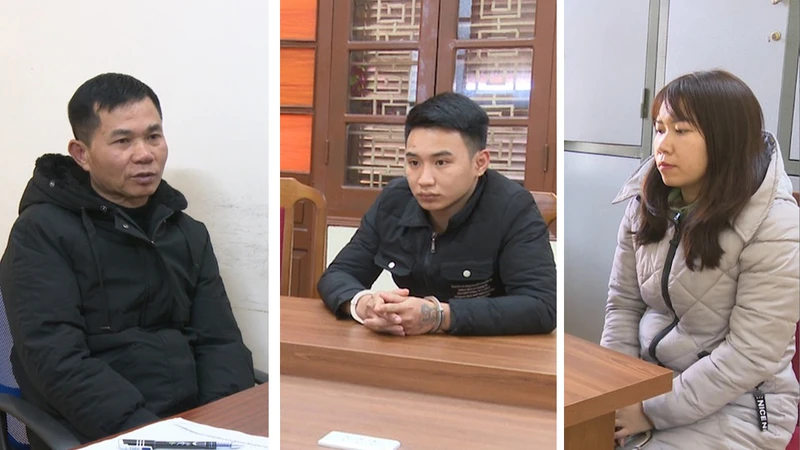 Các đối tượng Định, Quảng và Thủy tại cơ quan công an.