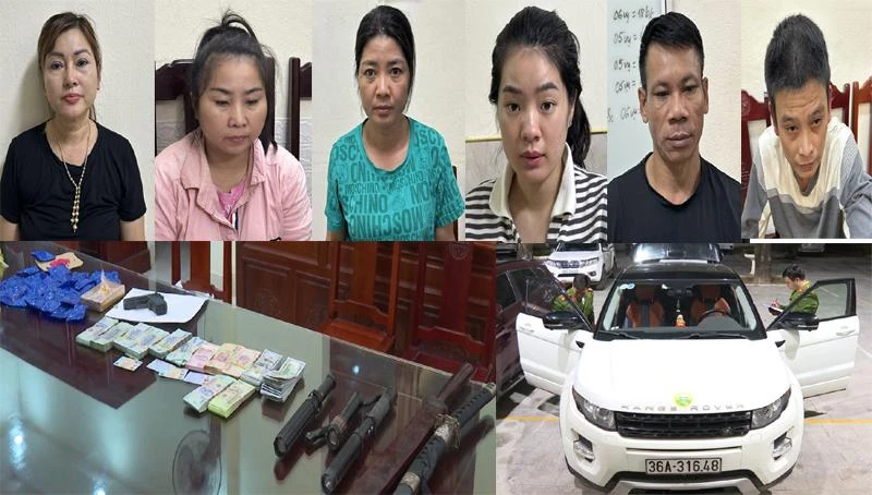Sáu đối tượng cùng tang vật liên quan vụ án.