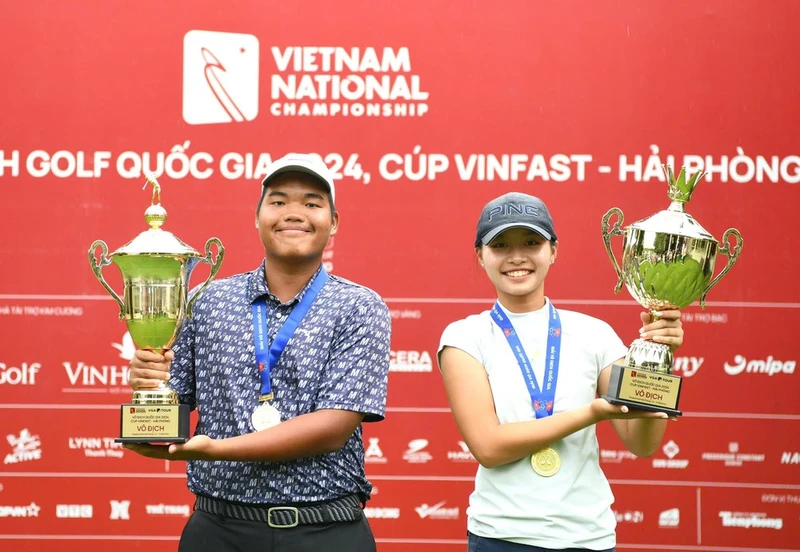 Các tay golf trẻ Nguyễn Đức Sơn và Lê Chúc An đăng quang nội dung nam và nữ Giải vô địch golf quốc gia 2024. 