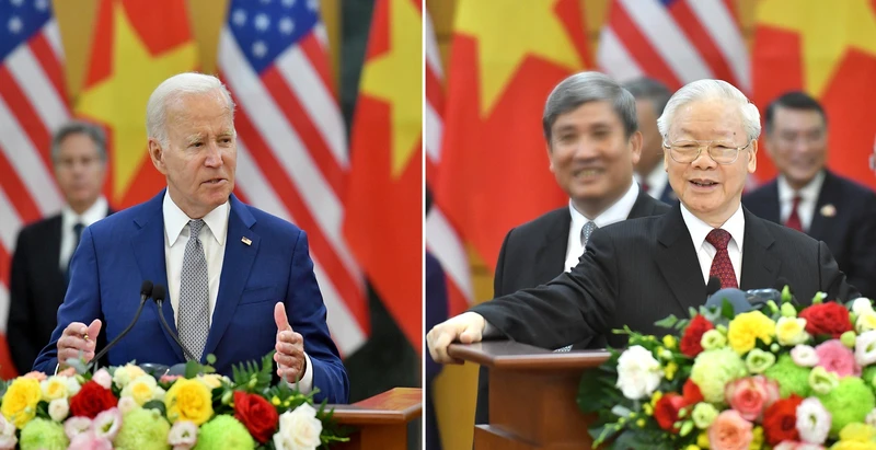 Tổng Bí thư Nguyễn Phú Trọng và Tổng thống Hoa Kỳ Joe Biden phát biểu tại cuộc họp báo chung sau hội đàm. Ảnh: ĐĂNG KHOA