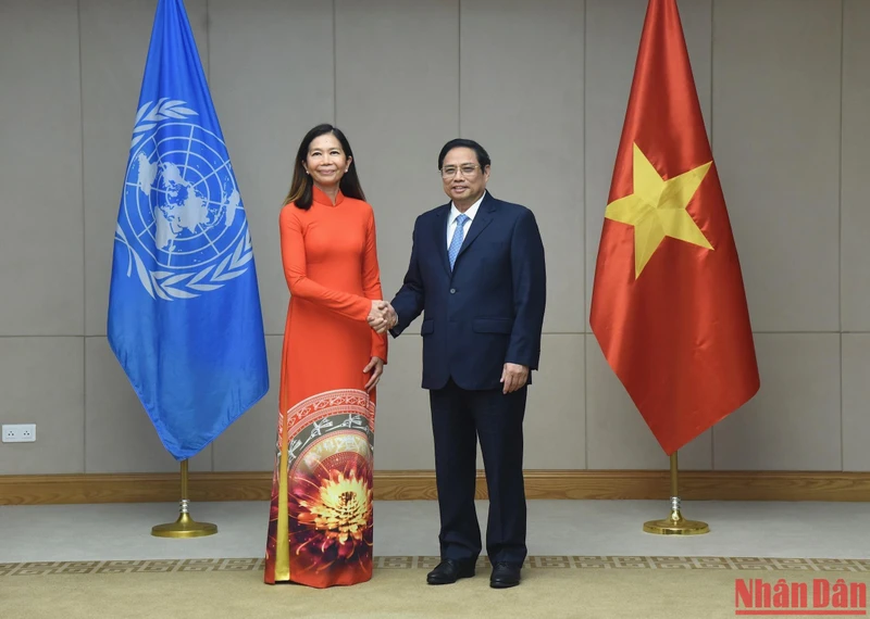Thủ tướng Phạm Minh Chính tiếp bà Pauline Tamesis, Điều phối viên thường trú Liên hợp quốc. (Ảnh: Trần Hải)
