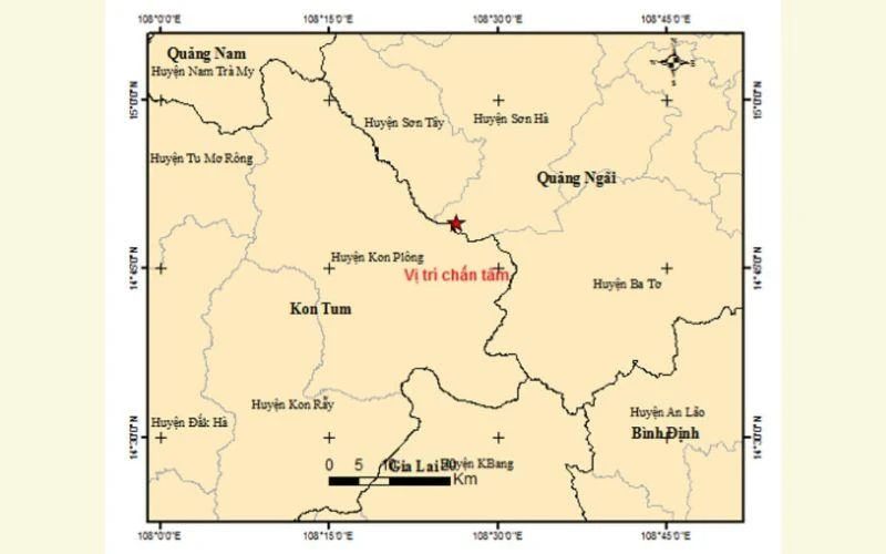 Bản đồ chấn tâm động đất tại huyện Sơn Hà (Quảng Ngãi).