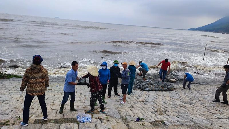 Ngay trong sáng 26/9, hơn 200 cán bộ, người dân địa phương đã được huy động để gia cố kè biển Cẩm Nhượng. 