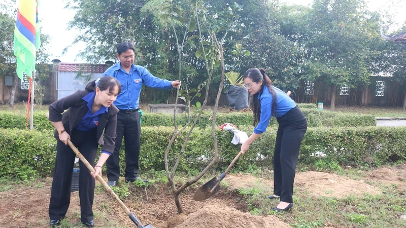 Đoàn viên, thanh niên tỉnh Bình Định trồng cây xanh tại khu tưởng niệm Nguyễn Sinh Sắc.