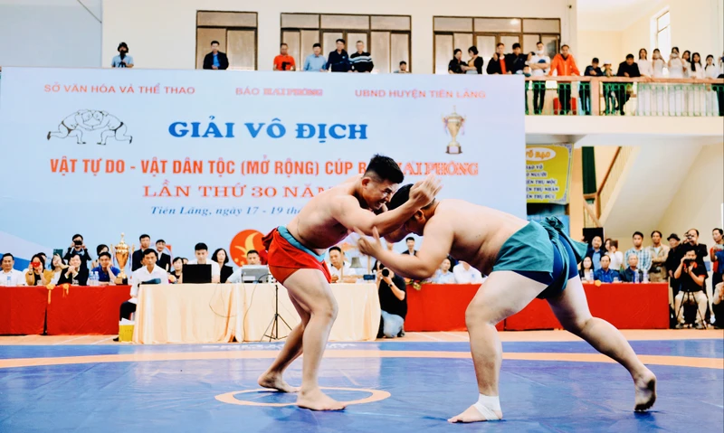 Một pha tranh tài trong giải vô địch vật tự do-vật dân tộc Cúp Báo Hải Phòng.