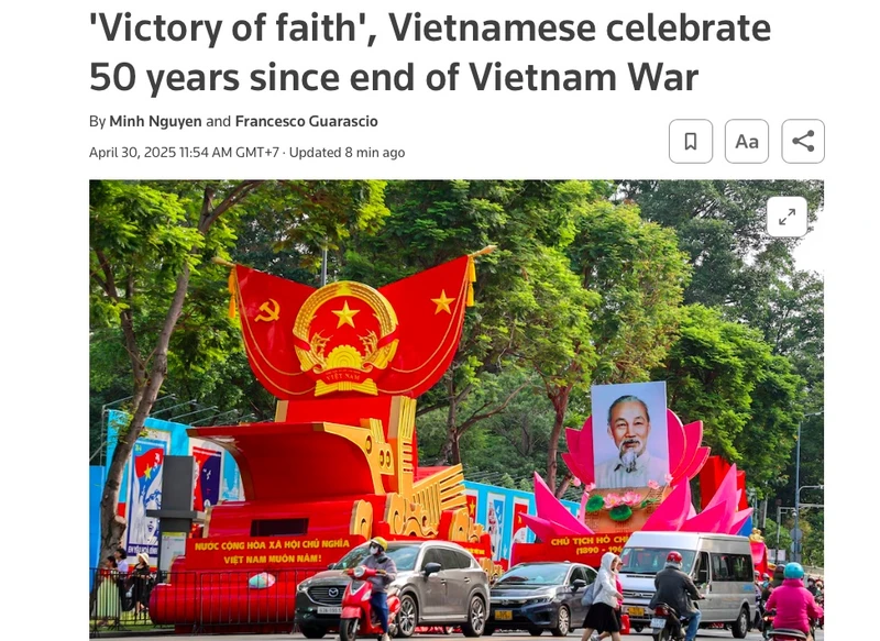 Tiêu đề bài viết về lễ kỷ niệm Lễ kỷ niệm 50 năm Ngày giải phóng miền Nam của hãng tin Reuters ngày 30/4/2025. Ảnh chụp màn hình