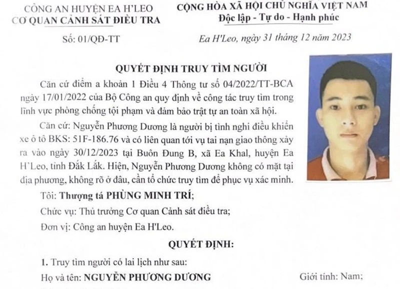 Quyết định truy tìm đối tượng Nguyễn Phương Dương của Công an huyện Ea H'leo.