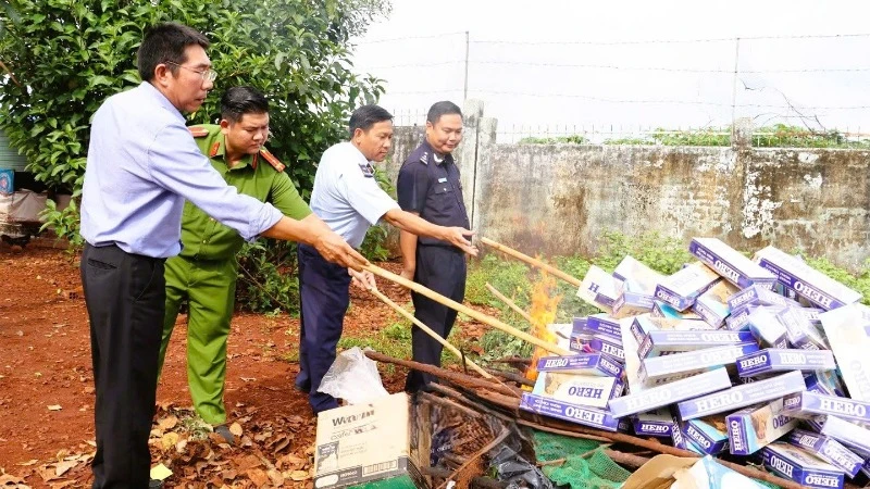 Lực lượng chức năng tỉnh Bình Phước thực hiện tiêu hủy thuốc lá nhập lậu thu giữ trên địa bàn. (Ảnh: LƯU QUYÊN)