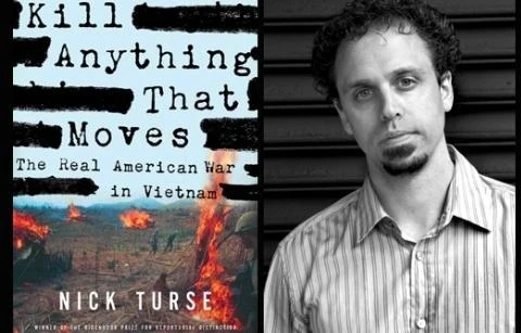 Nick Turse và bìa cuốn sách Giết Bất Cứ Những Thứ Động Đậy (nguồn: original.antiwar.com)