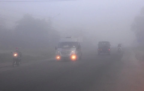 Sáng mồng 2 Tết, nhiều phương tiện tham gia giao thông qua địa bàn huyện Hoài Nhơn (Bình Ðịnh) phải bật đèn do sương mù dày đặc.