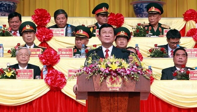 Chủ tịch nước Trương Tấn Sang đọc diễn văn tại Lễ kỷ niệm. (Ảnh: TTXVN)