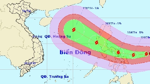 Hình ảnh đường đi và vị trí cơn bão vào lúc 14 giờ 30 phút chiều nay, 14-7. (Ảnh: TTDBKTTVT.Ư)