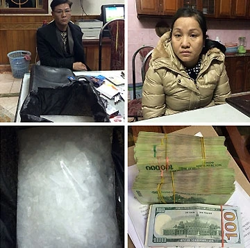 Lực lượng công an bắt quả tang Sơn và Hải tại nhà, cùng 2 kg ma túy tổng hợp, 84,5 triệu đồng và 2.100 USD.