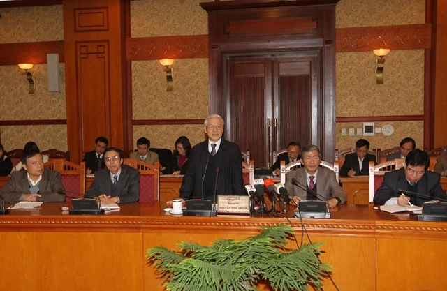 Tổng Bí thư Nguyễn Phú Trọng phát biểu ý kiến tại buổi làm việc.