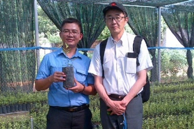TS Hiếu (bên trái) trao đổi cùng chuyên gia Nhật Bản tại nhà ươm cây giống đàn hương của Viện Nghiên cứu cây đàn hương và thực vật quý hiếm (ISAF).