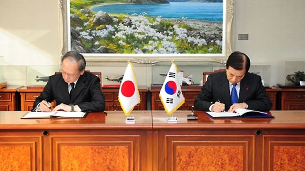 Bộ trưởng Quốc phòng Hàn Quốc Han Min-koo (bên phải) và Đại sứ Nhật Bản tại Seoul Yasumasa Nagamine ký kết Thỏa thuận Bảo mật chung về thông tin quân sự (GSOMIA), tại Bộ Quốc phòng Hàn Quốc, ở Seoul, 
