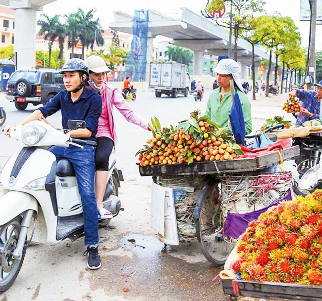 Người dân mua hoa quả ở các hàng rong trên phố Hồ Tùng Mậu. Ảnh: CHÍ HIẾU