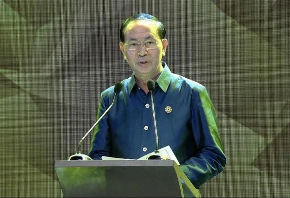 Chủ tịch nước Trần Đại Quang phát biểu tại tiệc chiêu đãi và biểu diễn nghệ thuật chào mừng Hội nghị cấp cao APEC lần thứ 25. (Ảnh: DUY LINH)