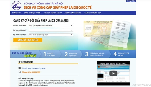 Phần mềm đăng ký cấp giấy phép lái xe quốc tế trên website của Sở GTVT Hà Nội.