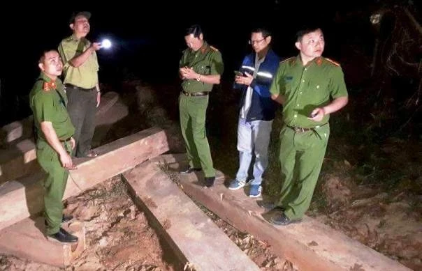 Lực lượng Công an huyện M’Đrắc mật phục bắt giữ một khối lượng lớn gỗ khai thác trái phép tại xã Krông Á, tối 27-2.