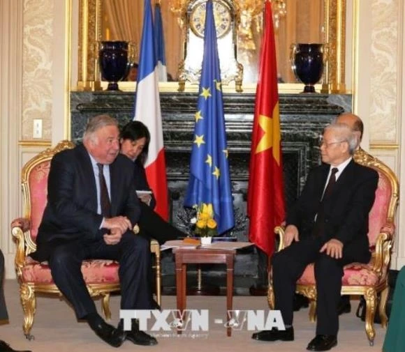 Tổng Bí thư Nguyễn Phú Trọng hội kiến với Chủ tịch Thượng viện Pháp Gérard Larcher. (Ảnh: Trí Dũng/TTXVN)