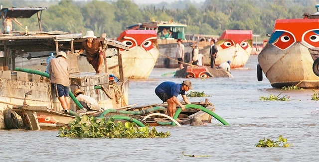 Một đoàn ghe khai thác cát trái phép trên sông Sài Gòn đoạn qua quận 9.