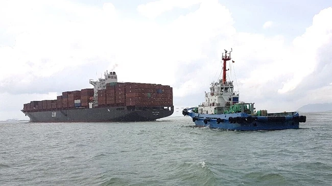 Tàu chở hàng Zim New York (bìa trái) mắc cạn tại Bến cảng container Quốc tế Cái Mép, Vũng Tàu.