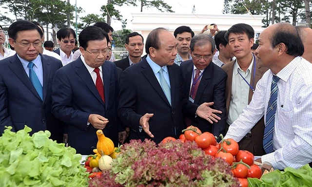 Thủ tướng Nguyễn Xuân Phúc và các Phó Thủ tướng tham quan gian hàng trưng bày sản phẩm của các doanh nghiệp Việt. Ảnh: THỐNG NHẤT (TTXVN)