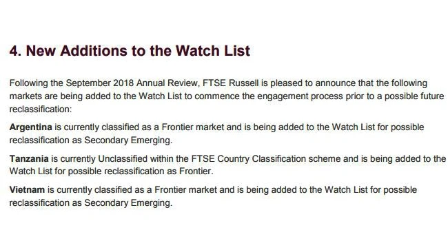 Trích đoạn báo cáo cập nhật của FTSE Russell. (Ảnh: Chụp màn hình)