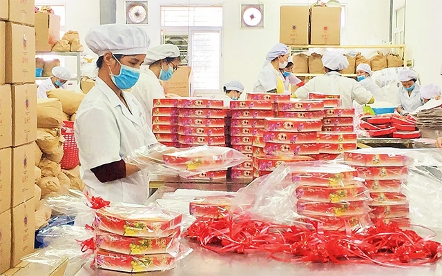 Công nhân Công ty cổ phần Bánh mứt kẹo Hà Nội đóng gói hàng Tết.