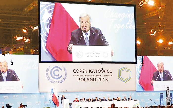 Tổng Thư ký Liên hợp quốc phát biểu tại Hội nghị về chống biến đổi khí hậu ở Ba Lan. Ảnh ROI-TƠ