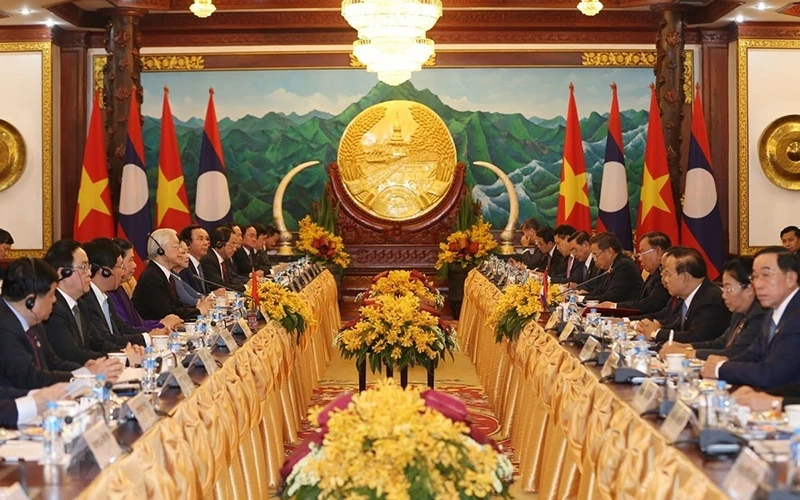 Tổng Bí thư, Chủ tịch nước Nguyễn Phú Trọng hội đàm với Tổng Bí thư, Chủ tịch nước Lào Bounnhang Vorachith. (Ảnh: Trí Dũng/TTXVN)