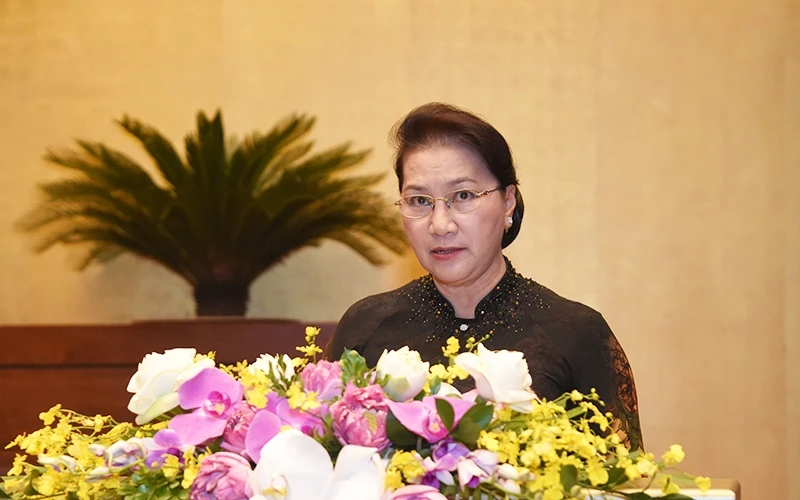 Chủ tịch Quốc hội Nguyễn Thị Kim Ngân phát biểu tại phiên bế mạc kỳ họp thứ 7, Quốc hội khóa XIV.