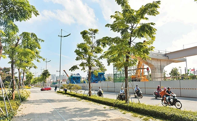 Hệ thống cây xanh tạo cảnh quan được trồng dọc tuyến đường dự án mở rộng đường Vành đai 3 Hà Nội (đoạn Mai Dịch - Cầu Thăng Long). Ảnh: DUY LINH