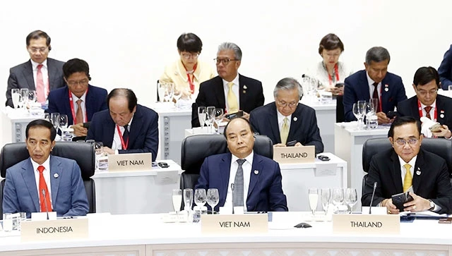 Thủ tướng Nguyễn Xuân Phúc dự Phiên thứ nhất về Kinh tế toàn cầu, Thương mại và Đầu tư. Ảnh: THỐNG NHẤT (TTXVN)