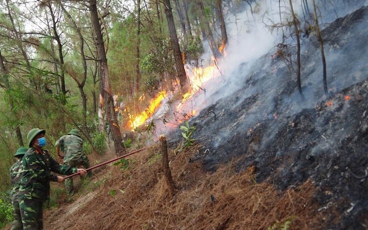Lực lượng chữa cháy dập lửa ở xã Khánh Sơn (Nam Đàn)