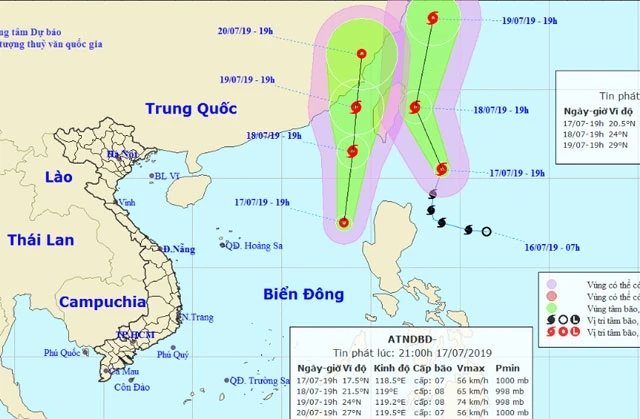 Vị trí và hướng di chuyển của bão Danas và áp thấp nhiệt đới. (Nguồn: nchmf.gov.vn)