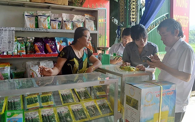Đoàn thanh tra của Chi cục Trồng trọt và Bảo vệ thực vật kiểm tra phân bón tại một cửa hàng ở xã Liên Vũ (huyện Lạc Sơn, tỉnh Hòa Bình).Ảnh: THU TRANG