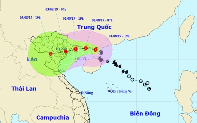 Vị trí và hướng di chuyển của bão số 3 lúc 19 giờ. (Nguồn: nchmf.gov.vn)