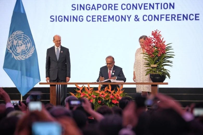 Lễ ký kết Công ước Singapore về Hòa giải trong giải quyết tranh chấp thương mại (Ảnh: Straittimes)